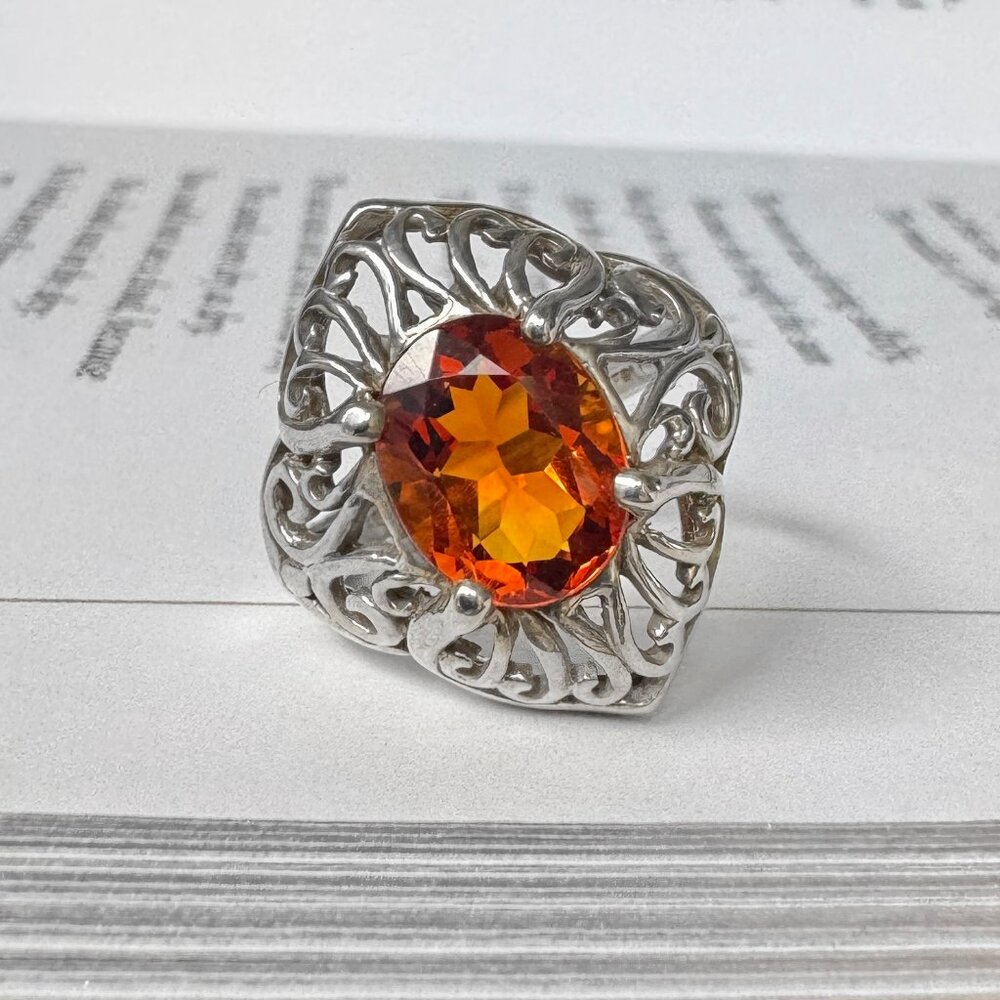 Vintage Kabana Sterling Silver Filigree Ring w/ Orange Gemstone, Size 7